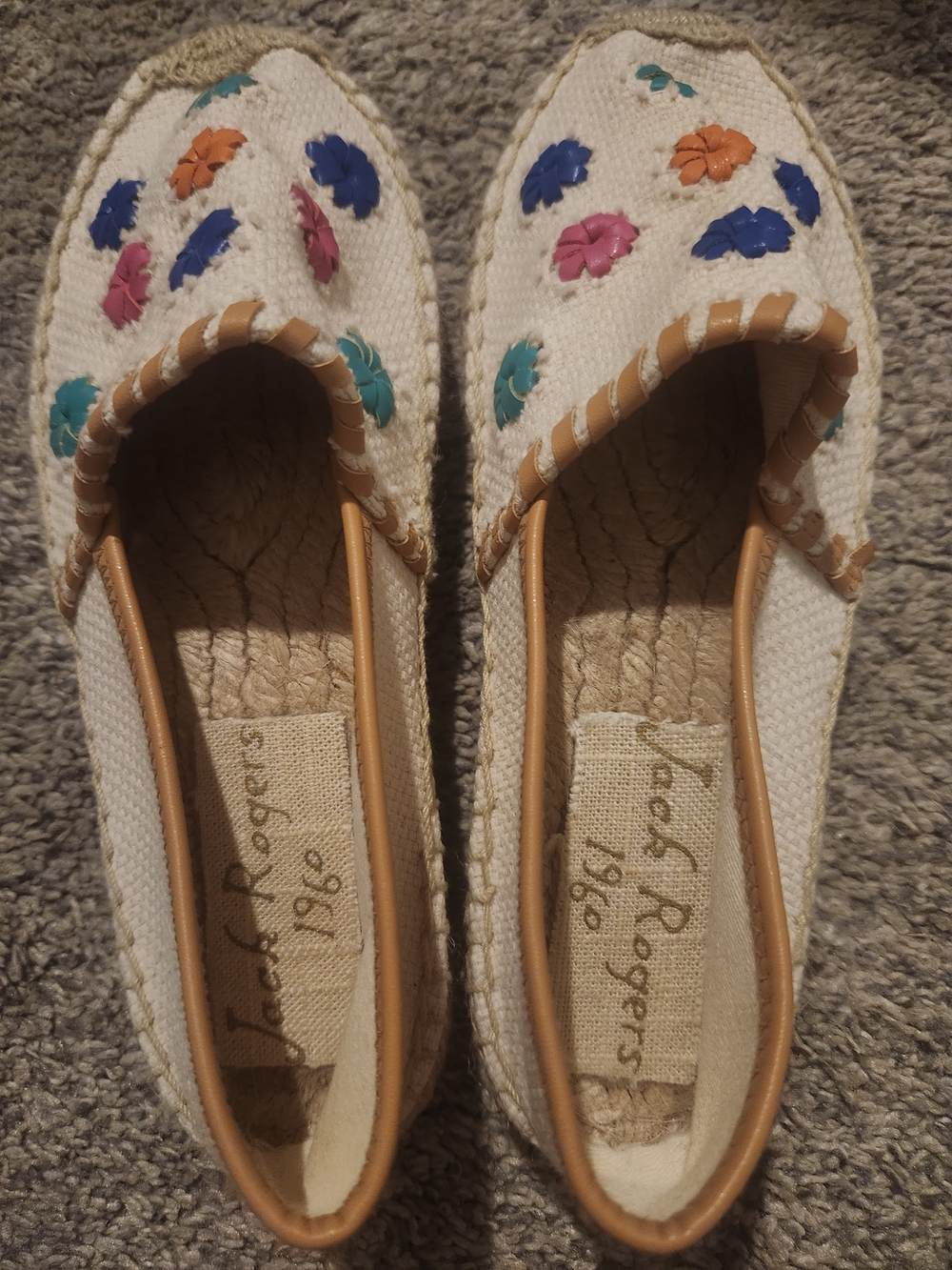 Jack Rogers White Canvas Espadrilles with Multicolor Flower Accents